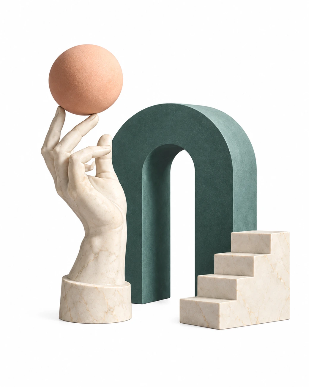 Marble hand balancing a peach sphere, with a teal arch and stone steps