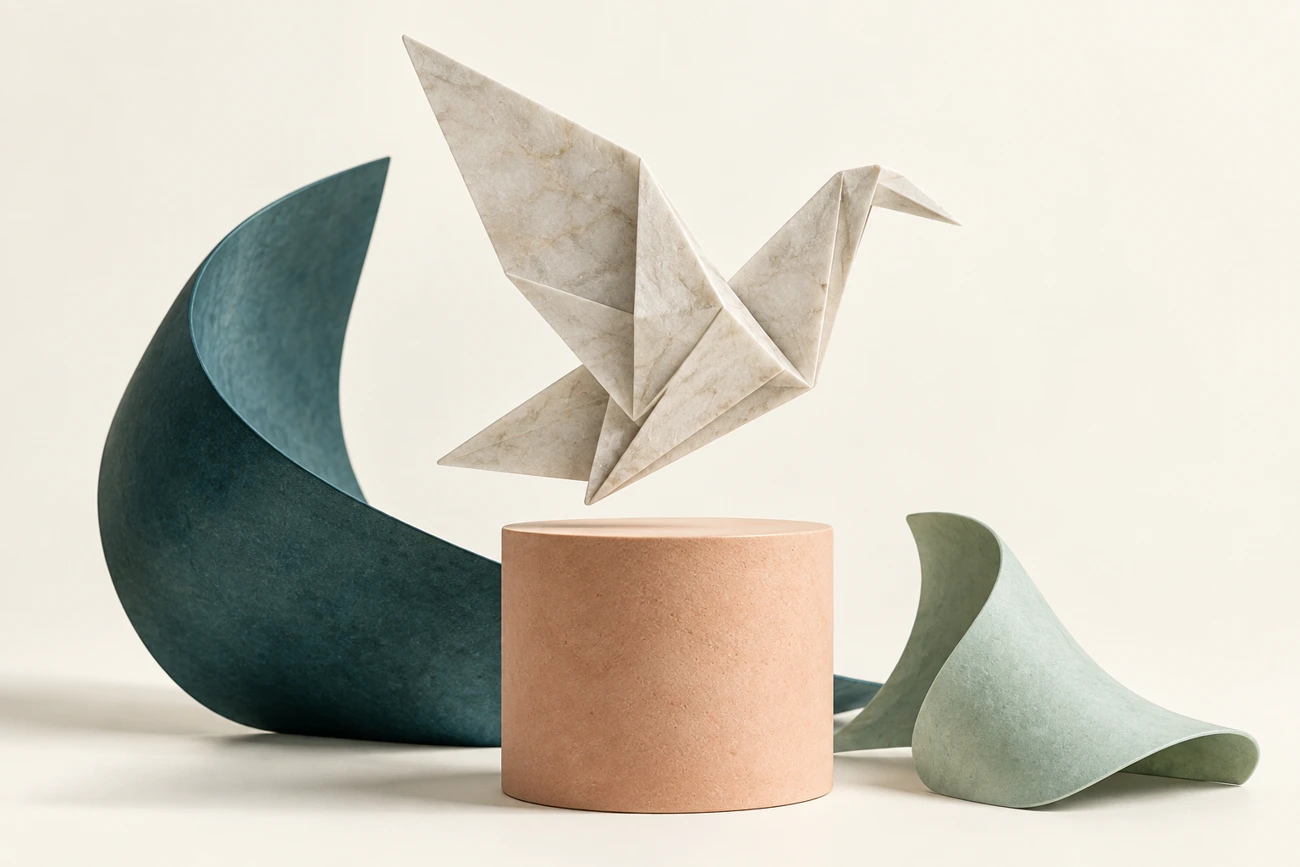 Sculptural folded paper bird, peach cylinder and teal paper forms