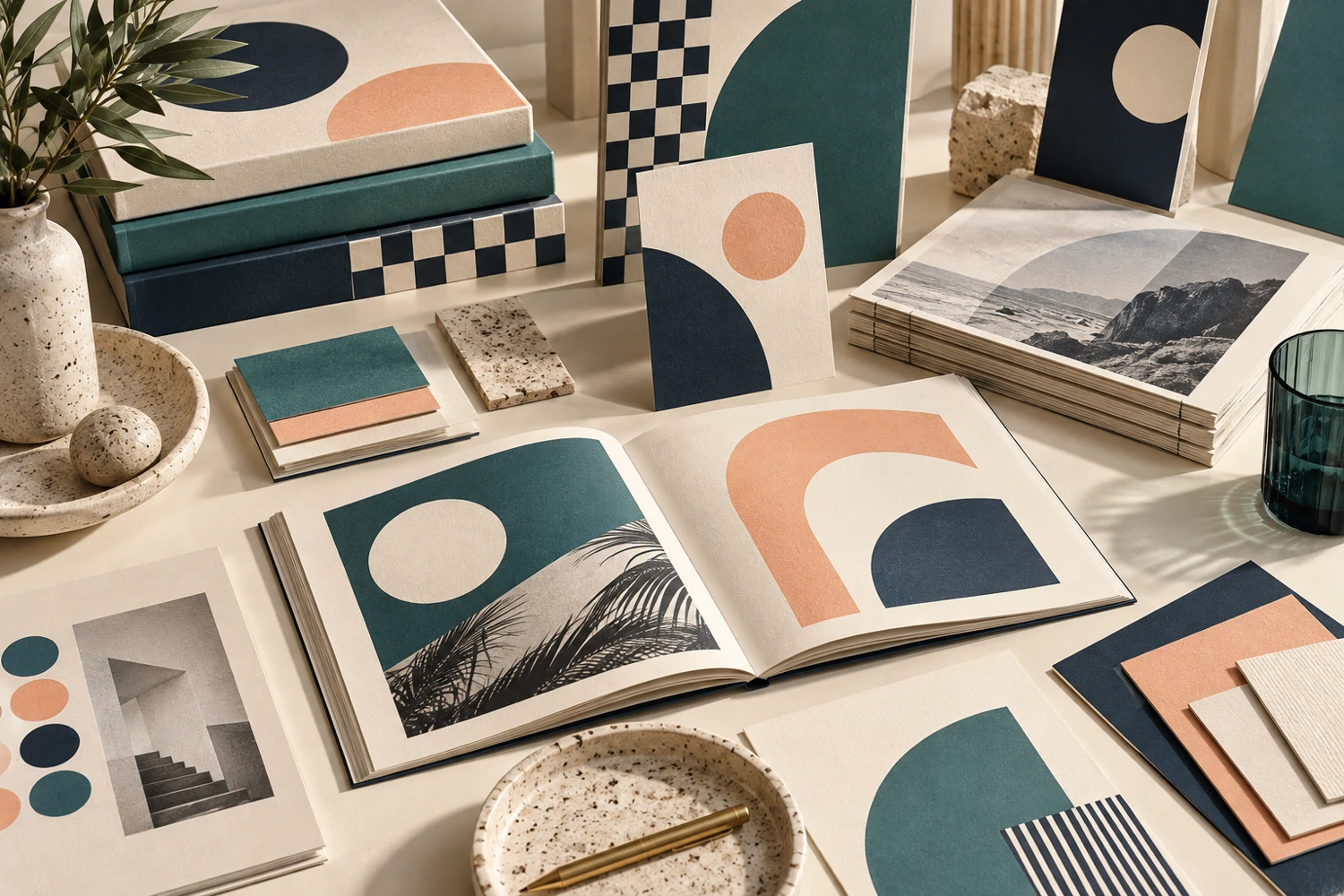 Tactile geometric brand identity and print system
