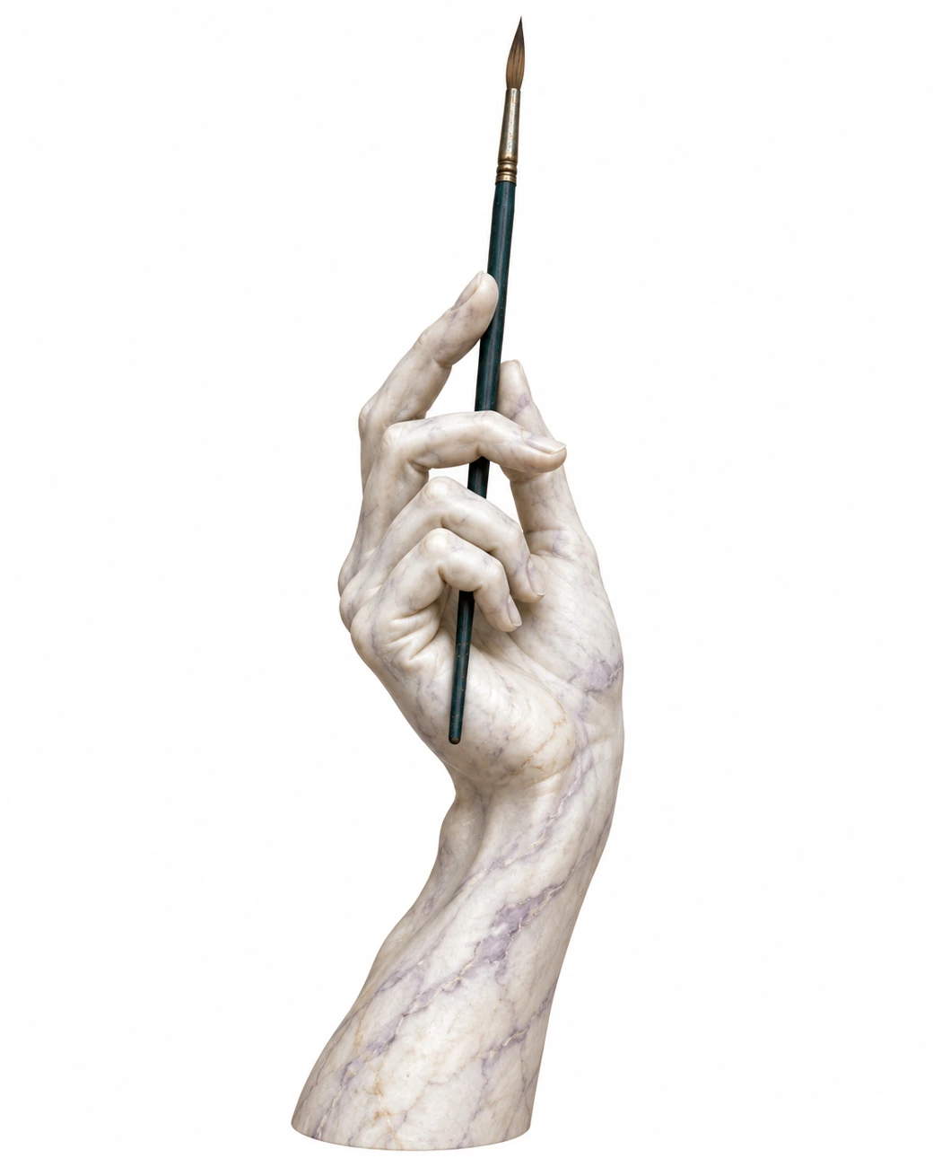 Classical sculptural hand holding a paintbrush