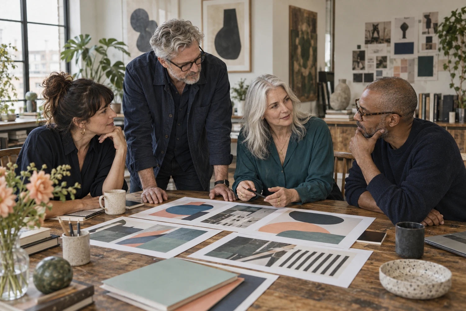 Creative team discussing printed designs around a studio table